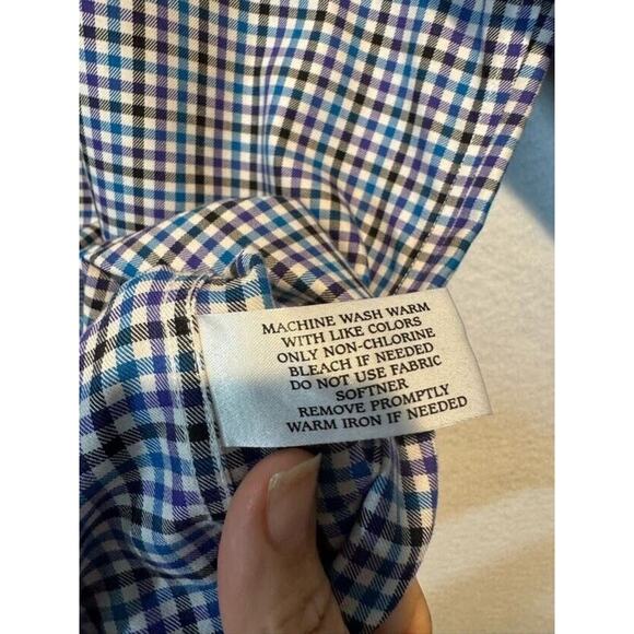 Neiman Marcus Mens Large Plaid Trim Fit Button Up Shirt Black White Purple Blue - Picture 10 of 12